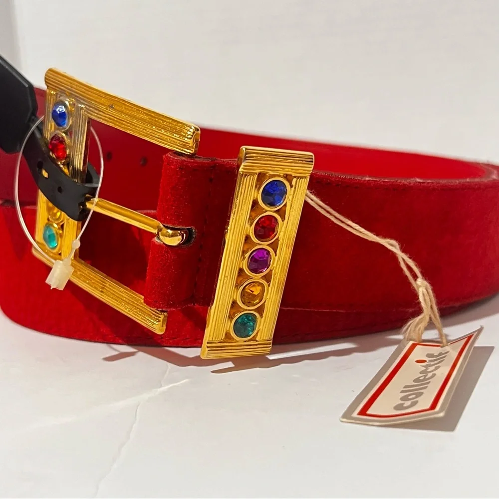 1980s maximalist jewel-tone red suede statement belt